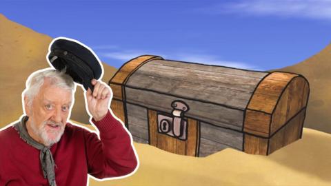 Jack from Old Jack's Boat raising his cap in front of a treasure chest.