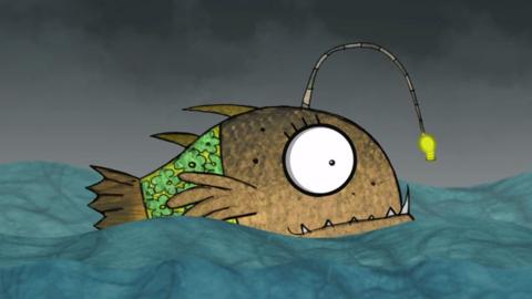 Angela the angler fish from Old Jack's Boat floating in the sea.