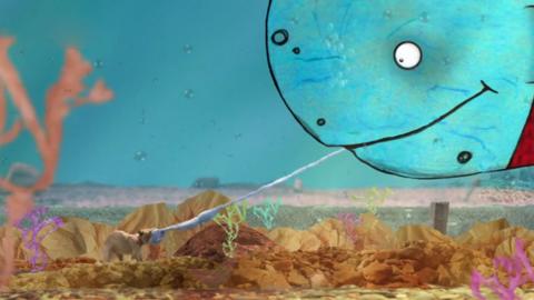 Salty from Old Jack's Boat in a tug of war against Bluey the blue whale.