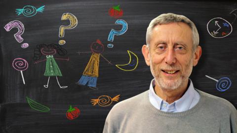 Michael Rosen from Poetry Playtime in front of a blackboard picture of people, objects and question marks.