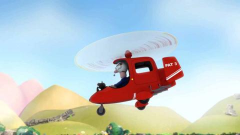 Pat and Jess from Postman Pat: Special Delivery Service flying in the SDS helicopter.