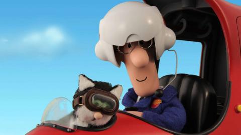 Pat and Jess from Postman Pat: Special Delivery Service flying in the SDS helicopter.