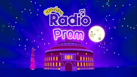The CBeebies Radio Prom with a spaceship next to the Royal Albert Hall and a bright moon in the night sky.