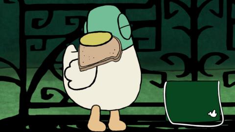 Duck from Sarah and Duck eating a slice of bread outside the fancy park.