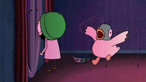 Duck from Sarah and Duck looking surprised while Sarah watches fireworks out of a window.