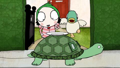 Sarah and Duck watching Tortise pass by with a plate on his back.