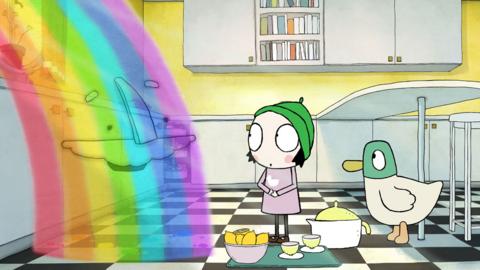 Sarah and Duck in the kitchen with some lemons, talking to a rainbow.