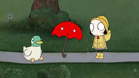 Sarah and Duck and Umbrella standing in the rain.