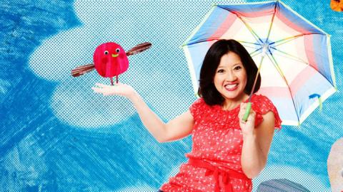 Pui from Show Me Show Me floating on a cloud with a bird and an umbrella.