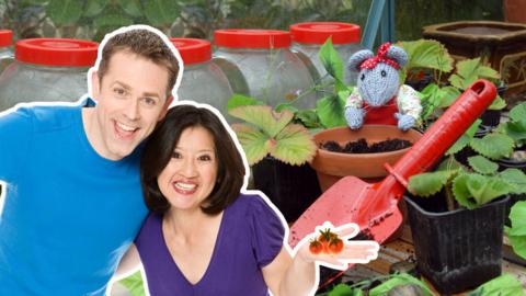 Chris and Pui with Miss Mouse planting Tomatos.