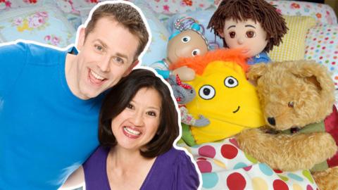 Chris and Pui standing with Miss Mouse, Mo Mo, Tom, Teddington hugging and tickling Stuffy.