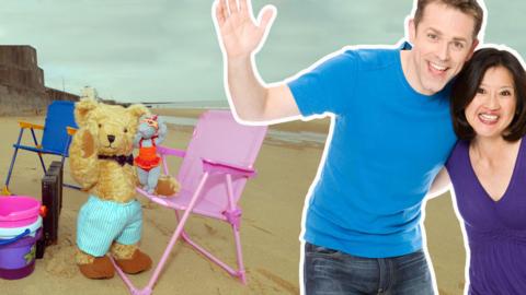 Chris and Pui on the Beach with Teddington Miss Mouse from Show Me Show me.