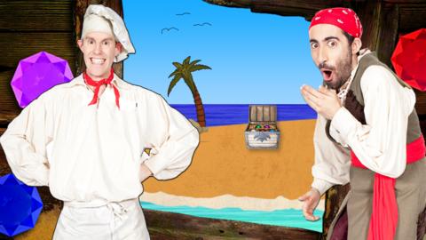 Cook and Line from Swashbuckle  in front of a desert island and an open treasure chest.