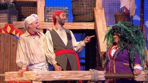 Cook and Line from Swashbuckle are laughing at Captain Captain - her head is covered in seaweed!