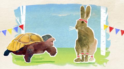 Tortoise wearing a hat and Hare wearing sweatbands from CBeebies Tortoise And The Hare.