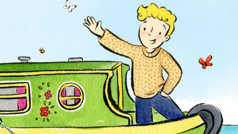 A man from Waterways on a canal barge, waving.