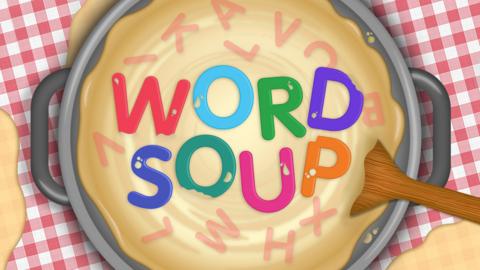 Letters floating in a bowl to spell 'Word Soup' and a wooden spoon.