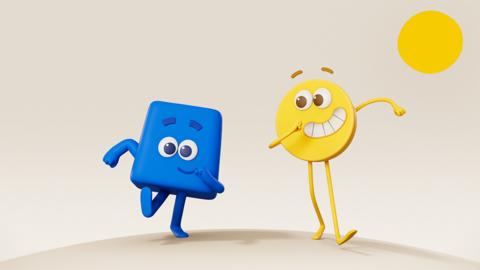 Blue and Yellow from Colourblocks on CBeebies.