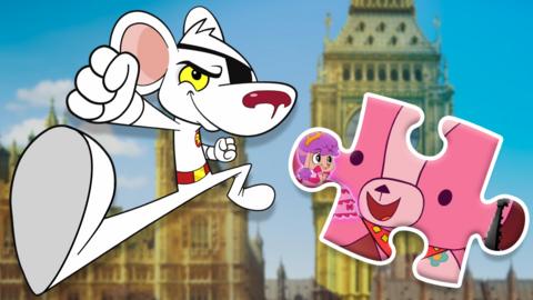 Dangermouse and Penfold are jumping in the air with some jigsaw puzzle pieces.