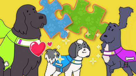 Illustrations of two dogs, with jigsaw pieces behind them on a yellow background.