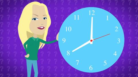 An illustrated Maddie next to a clock face that reads eight o'clock.