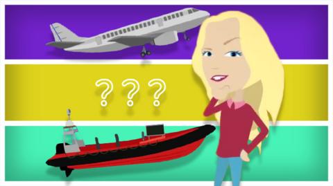 An illustrated Maddie, a plane, a lifeboat and question marks on a multi-coloured stripped background