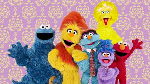 Cookie Monster, Funella, Furgus, Big Bird, Phoebe and Elmo.