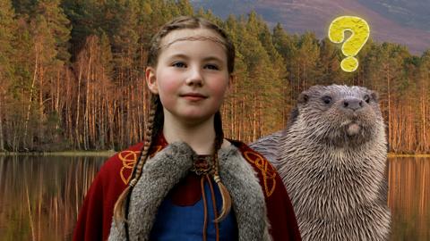 Gudrun with an otter and a falcon.