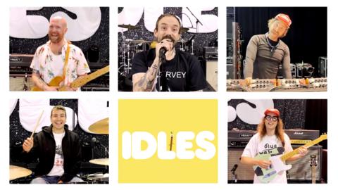 Band The IDLES playing instruments, their band logo is in a square with Stick from Hey Duggee.