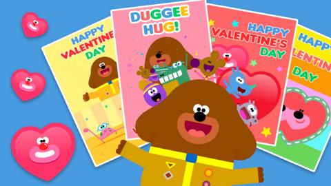 Hey Duggee valentines cards stacks up, Duggee and the Squirrels are cheering.