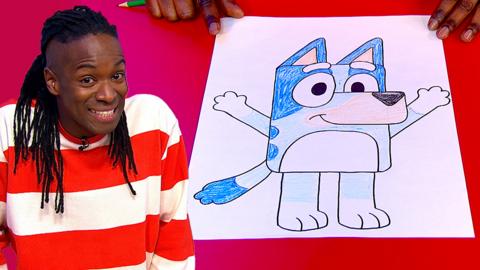 Nigel and a drawing of Bluey. Learn how to draw Bluey with Nigel from CBeebies.