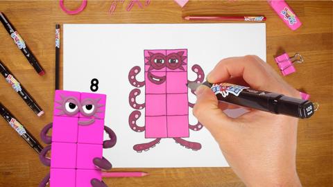 Illustration of numberblocks eight, enxt to a handdrawn version and a hand holding a pen.