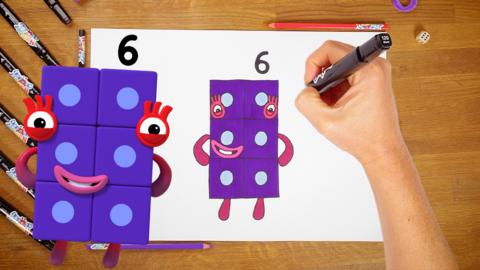 Numberblock six, next to a drawn version of numberblock six and a hand.