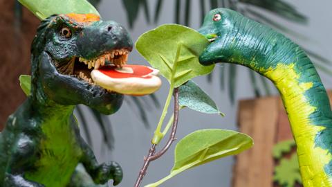 A toy T-rex with a piece of toy meat in his mouth and a toy diplodocus eating a toy plant.