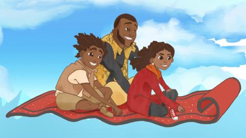 Jamillah, Genie and Aladdin flying on the magic carpet.