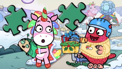 Glitterhorn, a pink unicorn has a shocked face. Love Monster is riding a scoot in the snow. There is a green jigsaw piece.