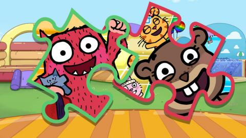 Background is a playground, there are two large jigsaw pieces with characters from Love Monster, including Love Monster and Eager Beaver.