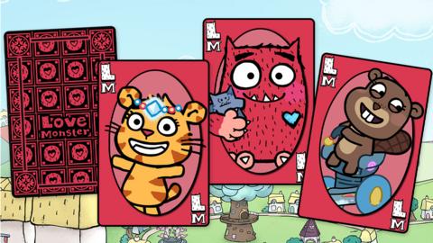 Two Love Monster playing cards flip around and reveal a character.  Bad Idea Puppy is on a larger card. The word Snap flies into frame.