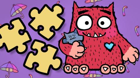 Illustration of love monster next to jigsaw puzzle pieces.