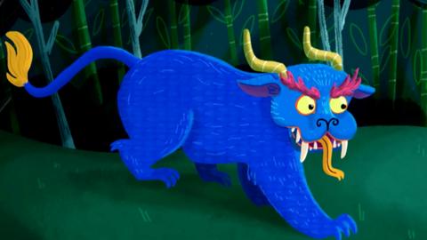 Illustration of a blue monster emerging from a forest.