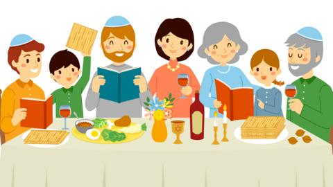 Illustration of a family sitting at a passover meal together