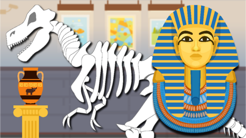 Graphics of an egyptian vase on a stand, a t-rex skeleton and a gold and blue striped mask for King Tutankhamun.