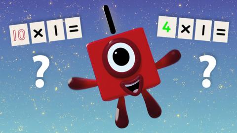 Numberblock one with two one times table questions either side.