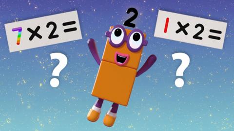 Numberblock two in the sky with multiplications and questions marks surrounding them.