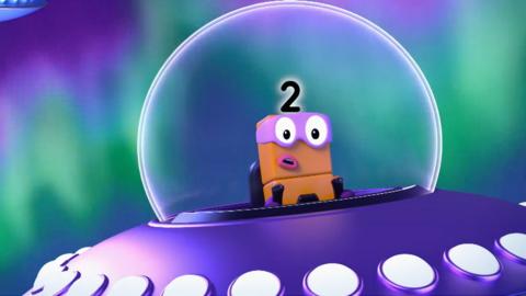 Numberblocks two is in a spaceship looking shocked.