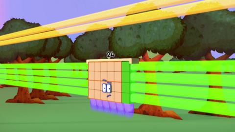 Numberblocks 24 is in a forest with lights shining outwards them.