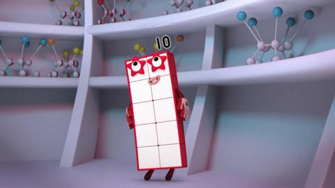 Numberblocks ten is looking around.