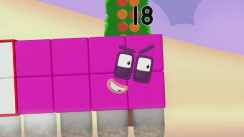 Numberblocks 18 is smiling with a raised eyebrow.