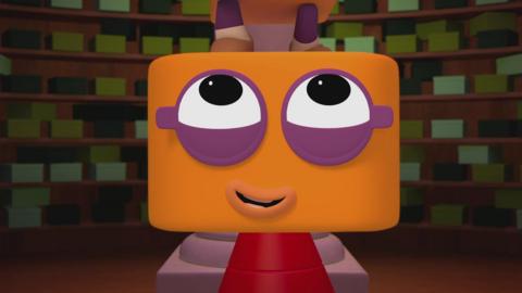 Numberblocks two is looking up and smiling.