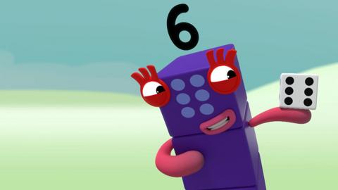 Numberblock Six holding a dice.